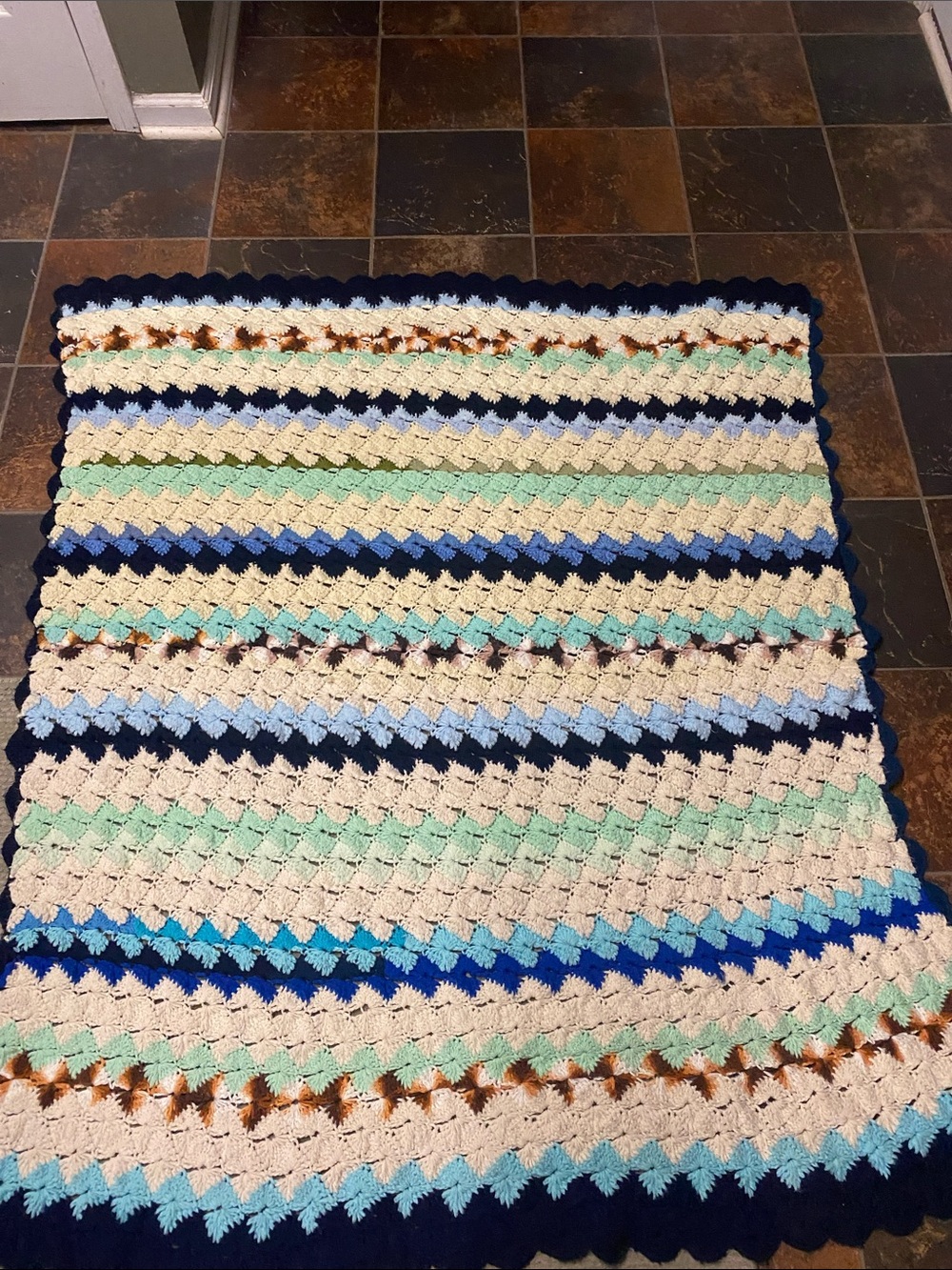 Handmade Crochet Chevron Throw Blanket - Blue, White & Mint